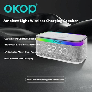 OKOP559 Reloj <span class=keywords><strong>Despertador</strong></span> con Carga Inalámbrica de 15W, Luz Ambiental RGB, Altavoz con Ruido Blanco para <span class=keywords><strong>Computadora</strong></span>, Teléfono Móvil y Hogar - Product Image 3