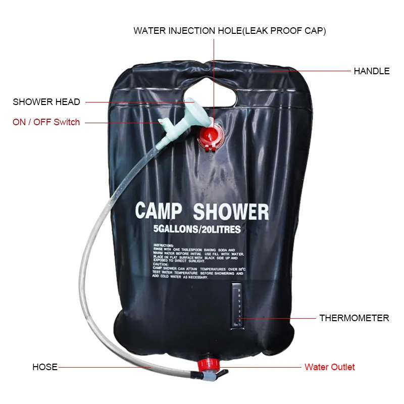 Sac à eau en PVC portable de 20 ou 25l pour l'extérieur, plage, piscine, camping, douche solaire, chauffe-eau
