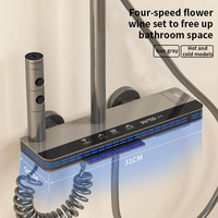 Ensemble de douche mural thermostatique brossé avec mitigeur eau chaude/froide, jet pluie, cascade et panneau de douche à barre coulissante