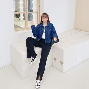 Nouveau pantalon noir tricoté grande taille pour femme avec fente, longueur au sol, N7991, en coton, pour adulte - Product Image 4