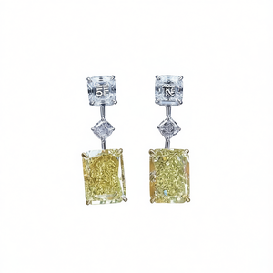 Pendientes de lujo de oro blanco con diamantes, piedra principal de corte esmeralda amarillo intenso y diamantes laterales de color D para boda, para mujer - Product Image 1