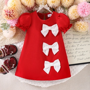 Abito da Principessa con Maniche a Sbuffo per Bambine, Decorazione con Fiocco, Elegante Vestito <span class=keywords><strong>Rosso</strong></span> Estivo da Festa per Bambine - Product Image 1