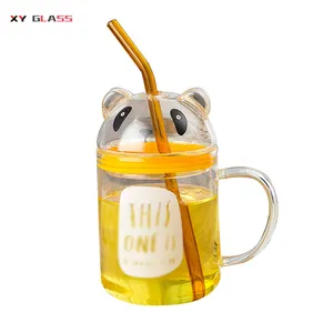 귀여운 팬더 디자인 현대 유리 뚜껑 손잡이 밀짚 음료 수제 유리 주스 컵