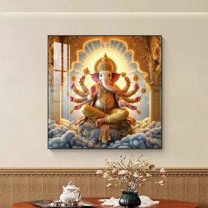 Venta al por mayor de fábrica: Arte de pared LED de metal con pintura de porcelana de cristal cuadrada, diseño abstracto de Dios Indio y Elefante, para decoración del hogar. - Product Image 4