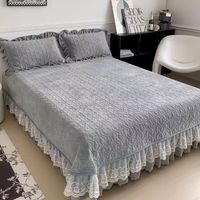 Jupe de lit épaisse et chaude en velours laiteux, ensemble 3 pièces, garniture en dentelle de luxe, kit de literie doux, confortable et moelleux pour chambre à coucher hivernale