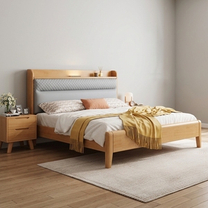 <span class=keywords><strong>Cama</strong></span> Nórdica Minimalista de Madera Maciza con Luz de Lectura LED, Respaldo Acolchado Suave y Cómodo, Muebles de Dormitorio de Lujo de Madera, Tamaño Queen - Product Image 3