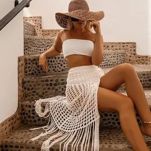 2021 Summer Hot Sale Split Fringe Mesh Net Knitted Skirt Bikini Bathing Suit Crochet Swimwear Swimsuit Cover Up Beach Dress