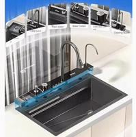 Évier de cuisine multifonctionnel en acier inoxydable fait main, cascade noire nano 75x46 cm