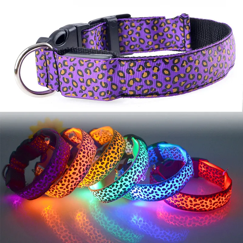 Leopard Nylon LED Light Night Pet Collar Safety Adjustable Glowing Necklace Pet Collar For Small Dogs Cat