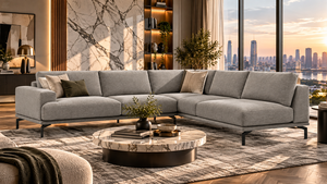 Canapé sectionnel contemporain en cuir véritable gris avec configuration en L, finition capitonnée haut de gamme et sièges de détente - Product Image 2