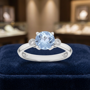 Bague de Fiançailles et de Mariage en Or Blanc 14K et Argent Sterling, Ornée de 3 Pierres Précieuses : Aigue-marine Naturelle Taille Ovale et Diamant Brut, Haute Qualité - Product Image 3