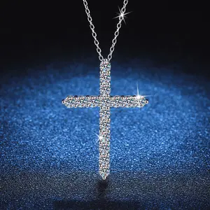 Großhandel Schmuck Weißgold plattiert 925 Sterling Silber Religiöses Kreuz Anhänger Moissan ite Diamant Halskette 1.6CT Frauen geschenk