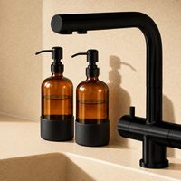 Distributeur de savon rechargeable en verre ambré de 16 oz, flacon pompe pour savon à vaisselle, distributeurs avec pompe en acier inoxydable et manchons en silicone