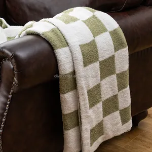 Heavyweight Sage Green Bed Blanket Reversible Knitted Checkered Microfiber feather yarn Checkerboard Throw Blankets for Couch