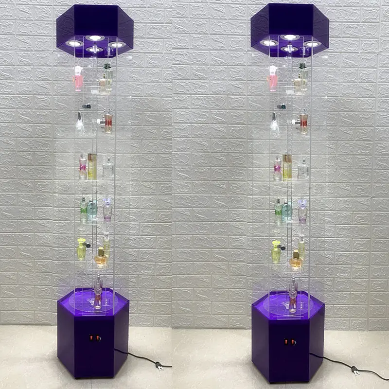 360 Degree Spinning LED Acrylic Rotating cosmetic Display Stand perfume Display Cases with lock