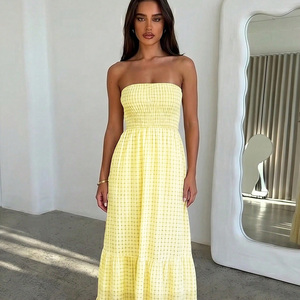 Vestido Maxi Amarillo Sin Tirantes con Estampado de Puntos, Vestido Casual de Verano con Corte en A, Transpirable, de Gasa Tejida con Dobladillo en Capas - Product Image 1
