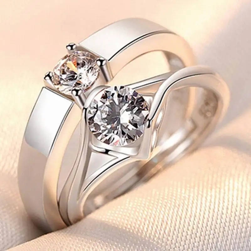 Cincin Pasangan, Elegan Modis Sederhana untuk Pria dan Wanita, Cincin Pasangan Zirkon Mahkota Korea, Cincin Berlian Simulasi Pernikahan