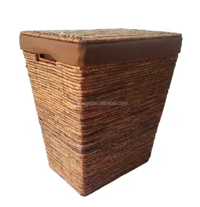 XH Brown natural handmade woven banana leaf laundry storage basket with lid and liner