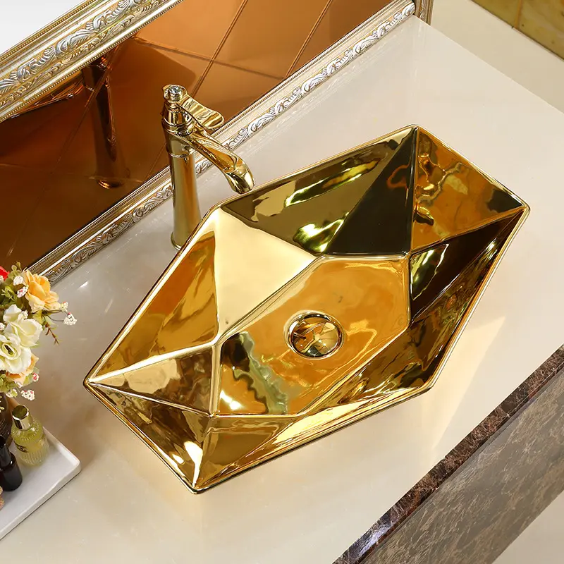 Lavabo dorado brillante con forma de diamante de estilo único para Hotel, lavamanos de alta temperatura hecho a mano de lujo