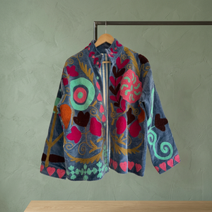 Hand Embroidered <b>Velvet</b> <b>Jacket</b> Mandarin Collar Solid Pattern Full Sleeve Women's Autumn Coat B2B Wholesale Suzani <b>Jackets</b> - Product Image 3