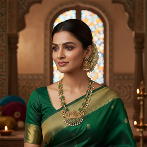 <b>Indian</b> Made Traditional Tempal Laxmi Necklace Jewellery Set with Green Color Matching Earrings For Women And Girls - Product Image 2