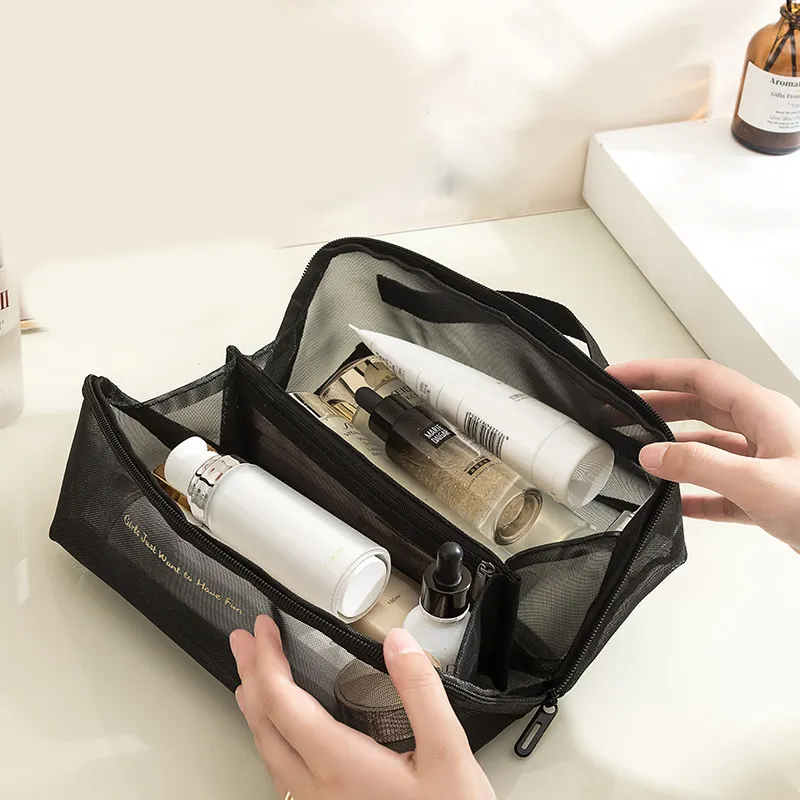 Custom Logo Travel Cosmetic Bag Women Zipper Make Up Mesh Makeup Case Organizer Storage Pouch Toiletry Beauty Wash Kit Bags