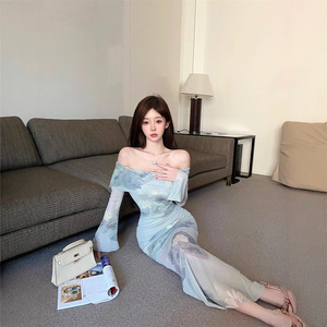 Off Shoulder Mesh Long Sleeve Dress Women Summer Slim Fit Bodycon Fishtail Printed Flower Chinoiserie Evening Dress - Product Image 1