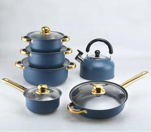Ensemble de casseroles en acier inoxydable au design européen, poignées dorées, antiadhésif, 12 pièces, exportation transfrontalière, moderne, pour la maison - Product Image 1