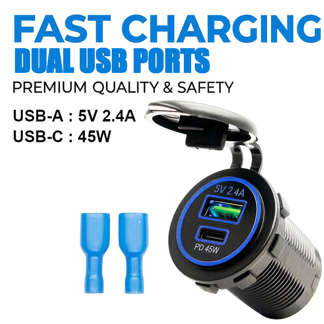 Forklift USB C Charger Socket PD 45W 24V Waterproof with USB-A 2.4A Panel Mount for Tractor Excavator Heavy Equipment