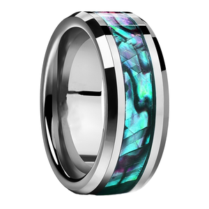 Anillo de boda de tungsteno con incrustaciones de concha de abulón, patrón geométrico, moderno, unisex, engaste de canal, piedra natural - Product Image 1