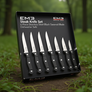 Em3 Steak <b>Knife</b> Set 6 Piece Stainless Steel Black Serrated Blade Dishwasher <b>Safe</b> - Product Image 3