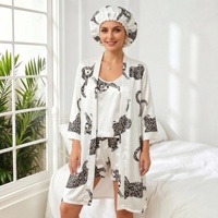 Robe kimono en satin à imprimé léopard blanc P674 avec camisole et short à volants, ensemble 4 pièces avec bonnet de nuit, vêtements de nuit pour femmes