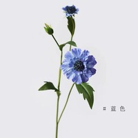 Rangkaian Bunga Scabiosa Sutra Buatan Tangan dengan Pot Biru - Bunga Buatan Modern yang Realistis untuk Dekorasi Rumah