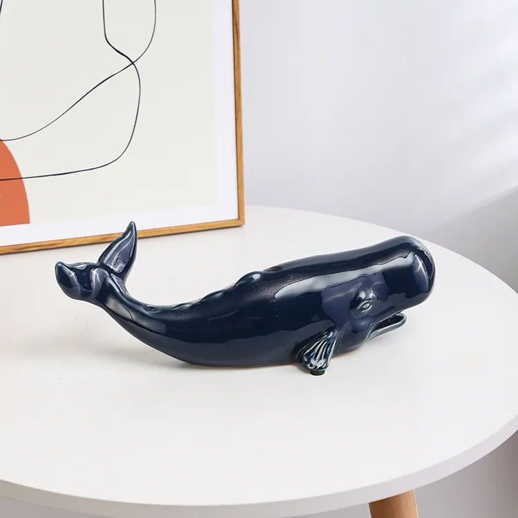 Navy blue glazed high quality creative animals ornaments ceramic whale nordic modern home decor decorations for home