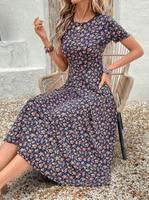 Robe florale de style européen et américain pour femmes, à manches courtes, robe imprimée élégante de longueur moyenne pour femmes. ODM OEM