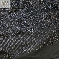 Tissu en maille extensible Nanyee Textile à rayures, brodé de paillettes noires et de perles, avec des pompons, pour les tenues de danse et de mariage des filles