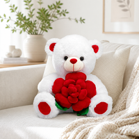 Boneka Beruang Putih Lucu Memegang Mawar Beludru untuk Hadiah Valentine
