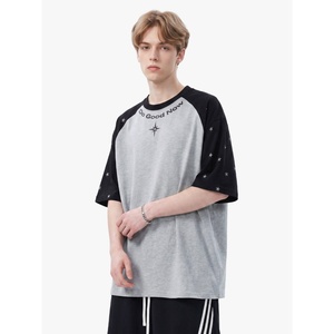 T-shirt Homme Personnalisé à Manches Courtes Raglan Imprimé Étoiles, Coupe Ample en Coton, Style Vintage Américain Color Block pour l'Été - Product Image 2