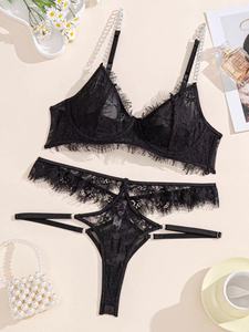Ensemble de lingerie sexy de haute qualité et bon marché en trois pièces, modèles de lingerie en dentelle transparente pour femmes avec jarretière - Product Image 6
