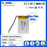 Batterie LiPo ultra-mince LN 3.7V 600mAh 403048 pour anneau intelligent, appareil portable, capteur Bluetooth TWS, certifiée KC UL CB, OEM