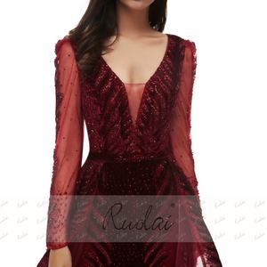 Ruolai PEV-L3147 lusso <span class=keywords><strong>Tulle</strong></span> velluto <span class=keywords><strong>pizzo</strong></span> maniche lunghe sirena festa abiti da sera donna - Product Image 6