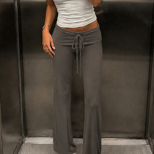 Women's Spring Flat Front Drawstring <b>Flare</b> Yoga Pants <b>Low</b> <b>Rise</b> Cuffed Hem Trousers Lightweight Minimalist Workout Bottoms - Product Image 2