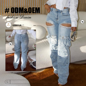 Quần jean denim màu trơn hip-hop rộng thùng thình cho nữ trang phục đường phố cạp thấp bạn trai rách dáng rộng vừa vặn mùa xuân hè - Product Image 1