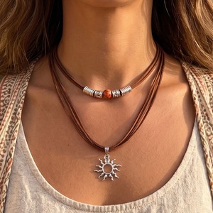 Bohemian Women's Leather Pendant <b>Necklace</b> With Earth Charm And Natural Stone Bead Casual Everyday Jewelry - Product Image 2