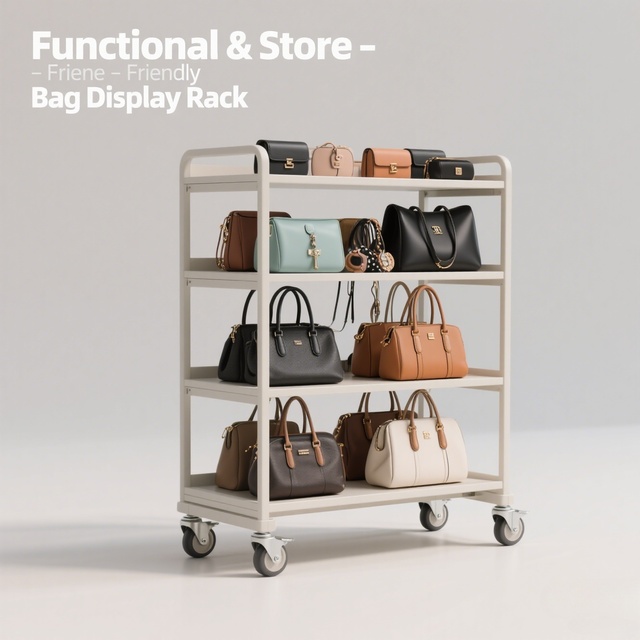 Customized Branded Light Duty Multi-Tier Bag Display Rack with Wheels Retail Stand for Handbags Accessories