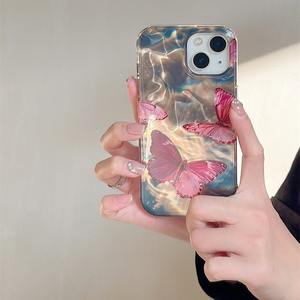 Luxuryimd Bling Laser pour <span class=keywords><strong>iPhone</strong></span> 13 <span class=keywords><strong>14</strong></span> 15 <span class=keywords><strong>Pro</strong></span> Max étui TPU PC papillon ondulation de l'eau imprimé étui de téléphone portable galvanoplastie Spec - Product Image 2