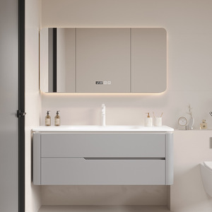 Minimalist Wall-Mounted Bathroom Vanity With Ceramic Basin And Smart Mirror 60 In Painted Finish Soft Closing Drawers - Product Image 5