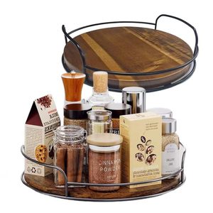 Wooden Round <b>Spice</b> <b>Rack</b> With Handle <b>Rotating</b> Kitchen Storage Tray For <b>Spices</b> And Snacks Brown L Size - Product Image 1