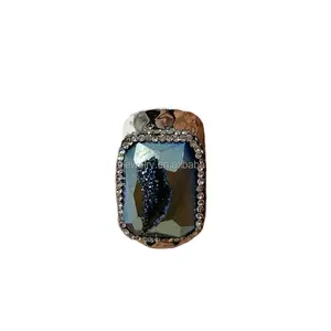 Perhiasan Antik Cincin Batu Akik Alami Geode Perak Titanium Kuarsa Drusy Multi Warna Cincin Band untuk Pria Perhiasan Hiphop