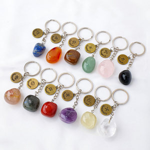 Natural Crystal Palm Stone Keychain Zodiac & Constellations Energy Rolling Gemstone Spiritual Key Chain Ring Gift